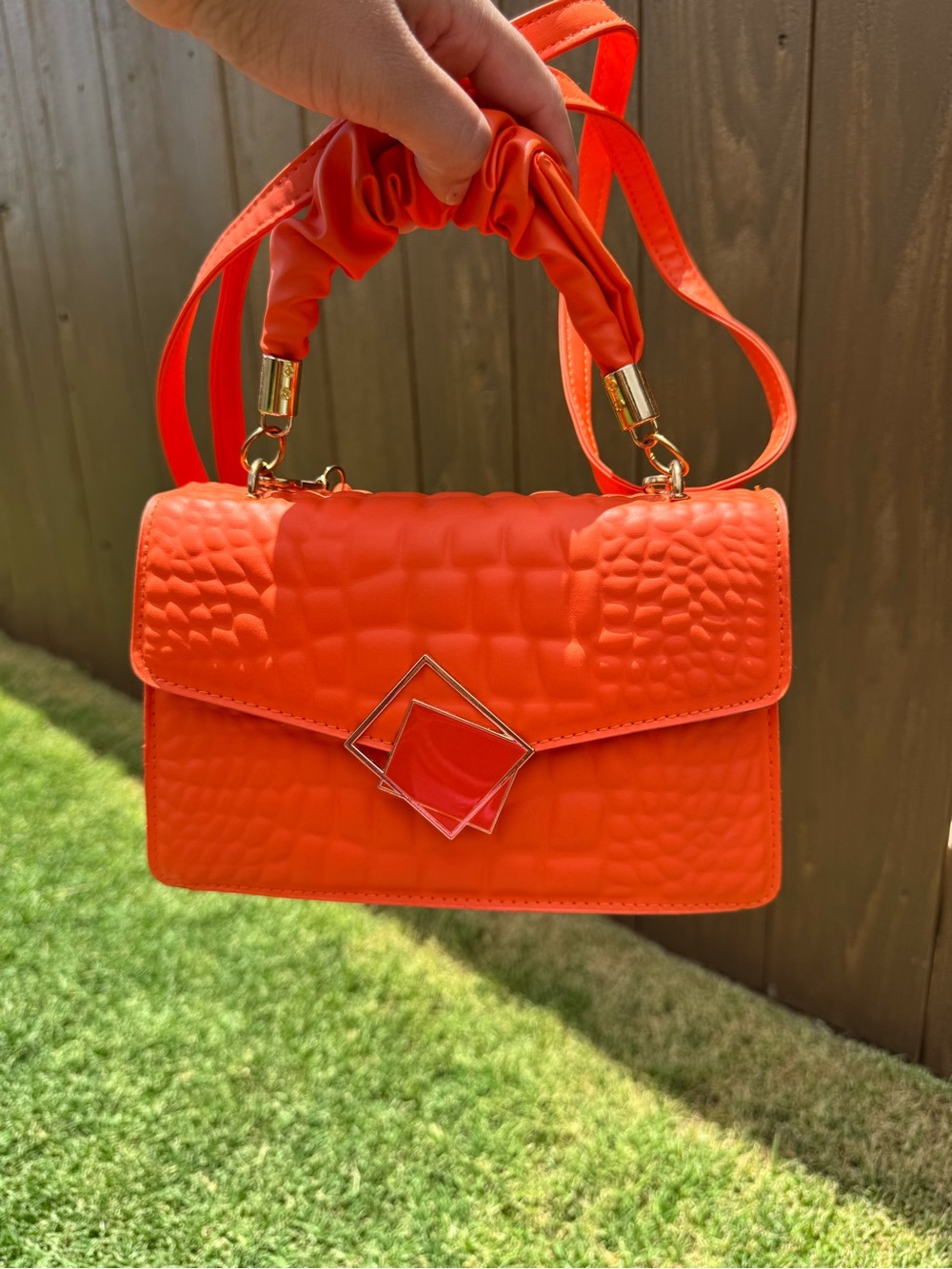 Bright Orange Textured Top-Handle Crossbody Bag